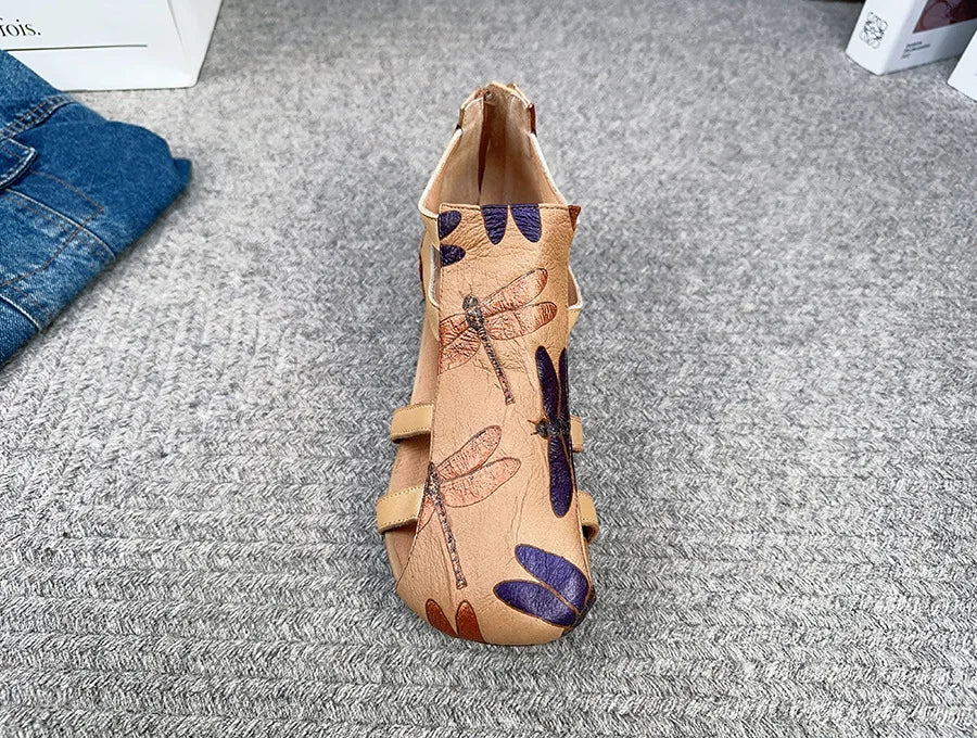 Johnature Genuine Leather Printed Roman Sandals 2025 Summer New Back Zippered Flat Hollow Round Toe Women's Shoes