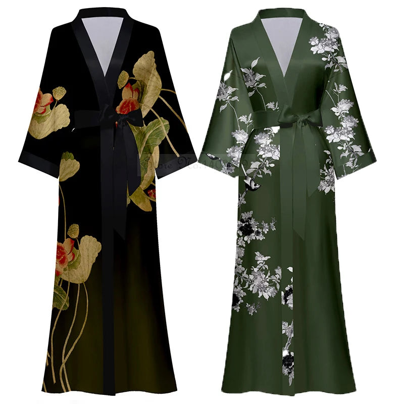Print Flower Long Kimono Bathrobe Gown Sexy Women Half Sleeve Wedding Robe Nightgown Spring Summer Rayon Home Dress Sleepwear