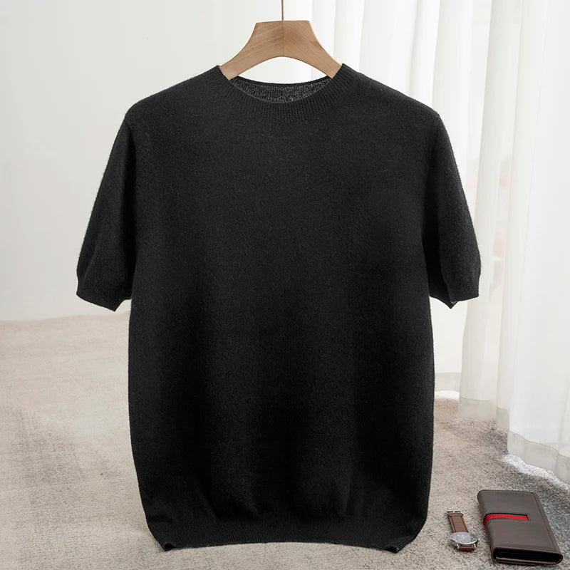New Summer Autumn Men's 100% Merino Wool Pullover O-Neck Short Sleeve Jumper Cashmere Sweater Soft Casual Tops T Shirt