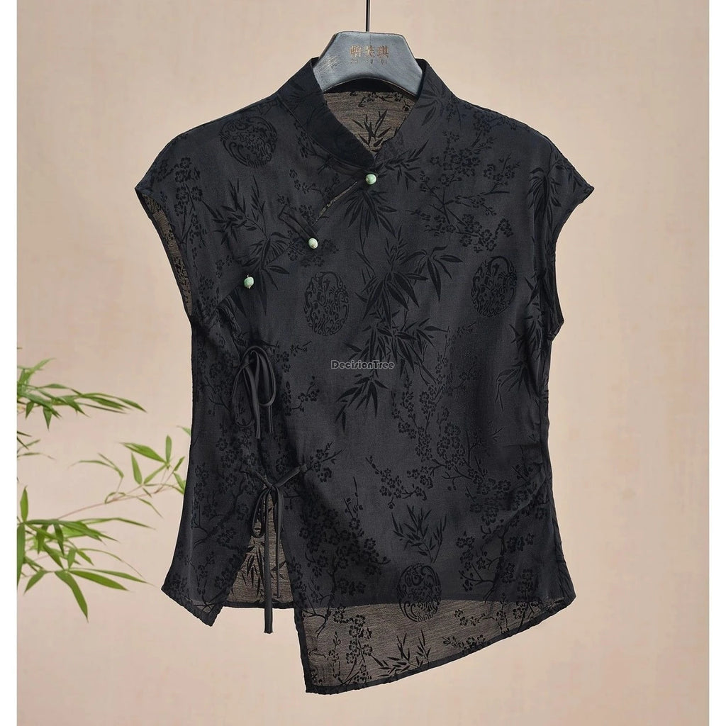 2025 new chinese style cheongsam top black jacquard short sleeve t-shirt women's new summer vintage elegant qipao blouse w859