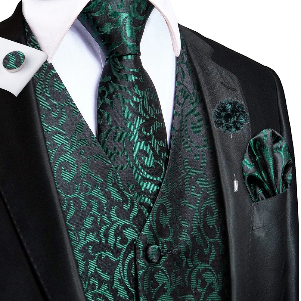 Luxury Gold Black Silk Mens Vests Print Jacquard Waistcoat Tie Hanky Cufflinks Brooch Set for Men Wedding Formal Business Hi-Tie