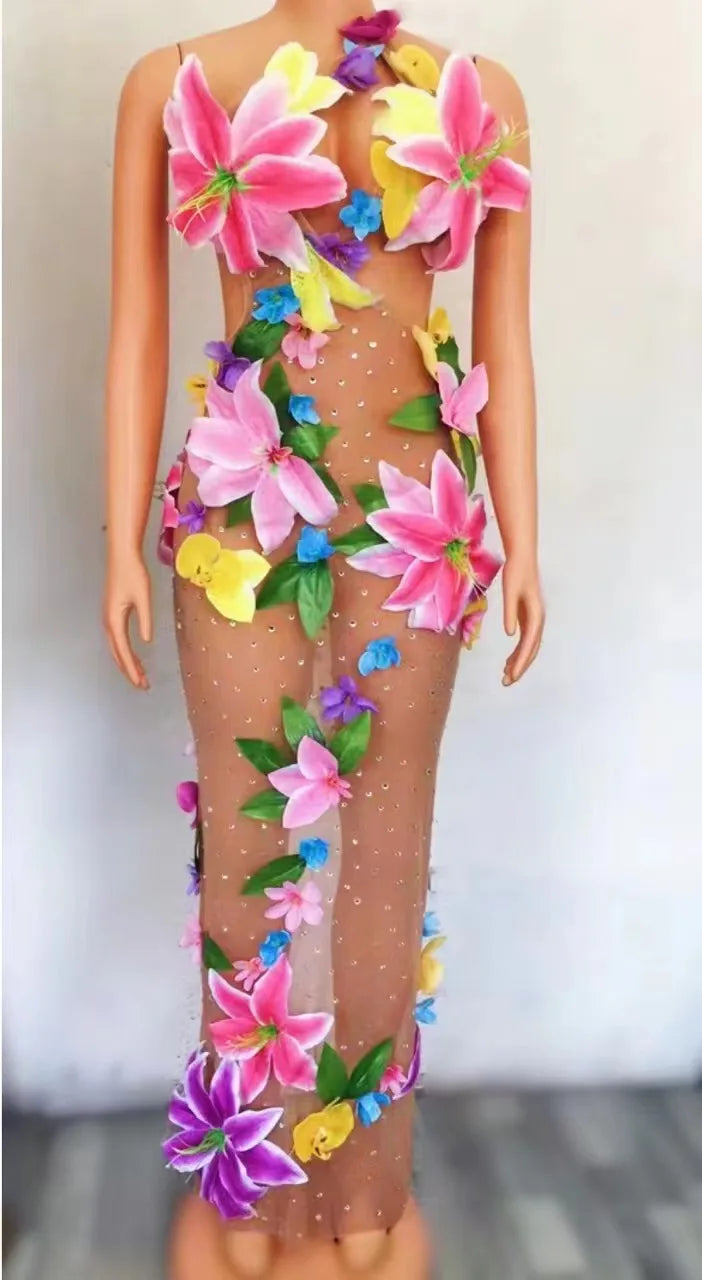 Sexy Colorful Big Flowers Transparent Bikini Dress Women Dancer Show Stretch Stage Costume Outfit Evening Prom Party Biniki Set
