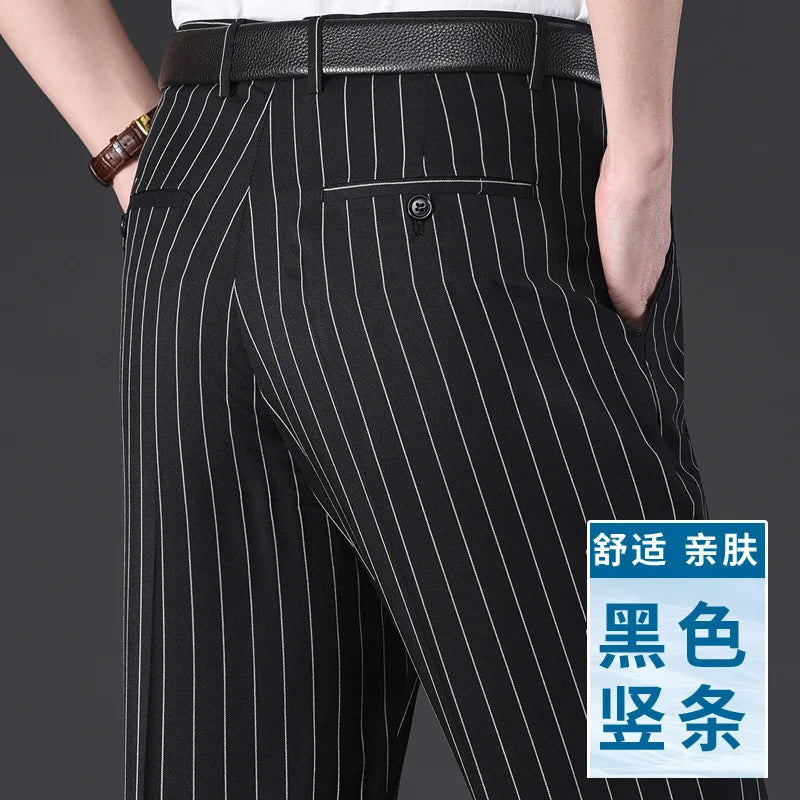 Flat Stretch Suit Pants For Men Striped Thin Summer Straight High Waist Black White Blue Formal Fashion Korea Dress Trousers Men