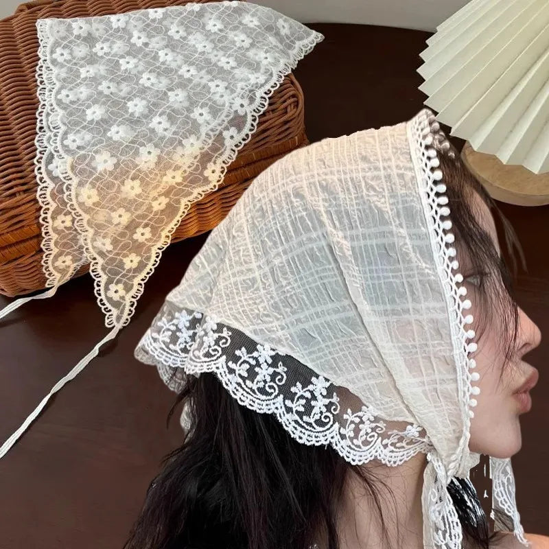 Girls Lace Headscarf Sweet Korean INS Pastoral Style Summer Triangle Scarf Hair Band Fashion Cute Women Hair Accessories