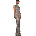 Women Sparkly Silver Sleeveless Rhinestone Birthday Evening Celebrate Dress Mesh Transparent Clubwear Queen Outfit 2025 New Year