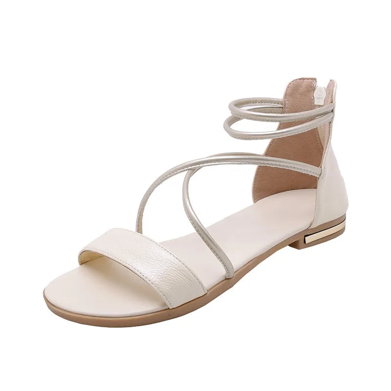 Genuine Leather Women Sandals Summer Flats Shoes Casual Flip Flops Gladiator Sandal Comfortable Cross Strap Beach Shoes Ladies