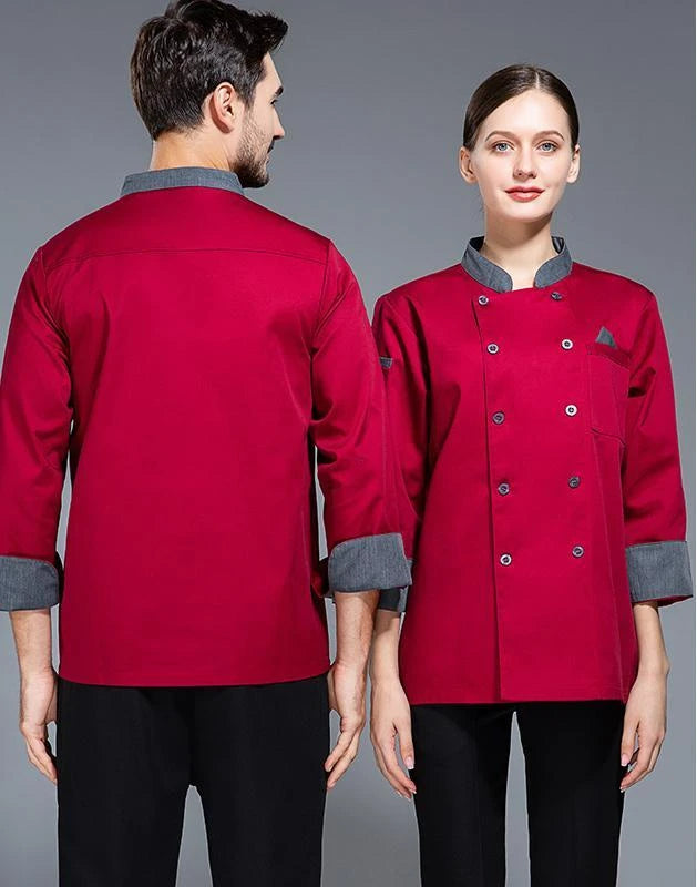 Men Red Chef Coat Logo Long Sleeve Chef Jacket for Summer Apron Head Chef Uniform Restaurant Hotel Kitchen Cooking Clothes