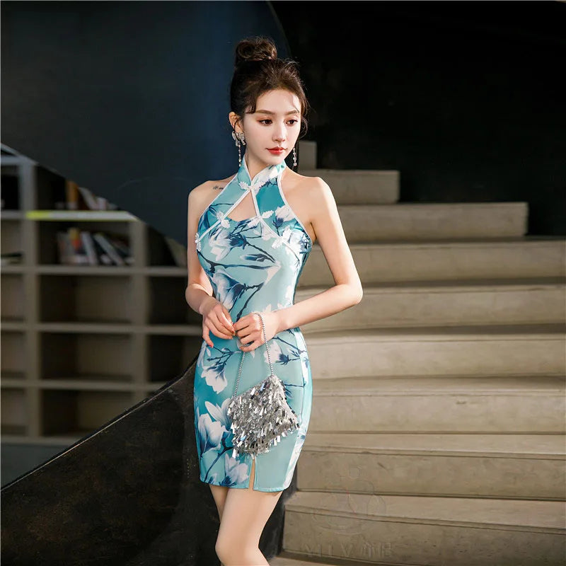 Green Blue Chinese National Cheongsam Women Summer Sexy Backless Dress Sleeveless Floral Vintage Dress Long Qipao S to 5XL
