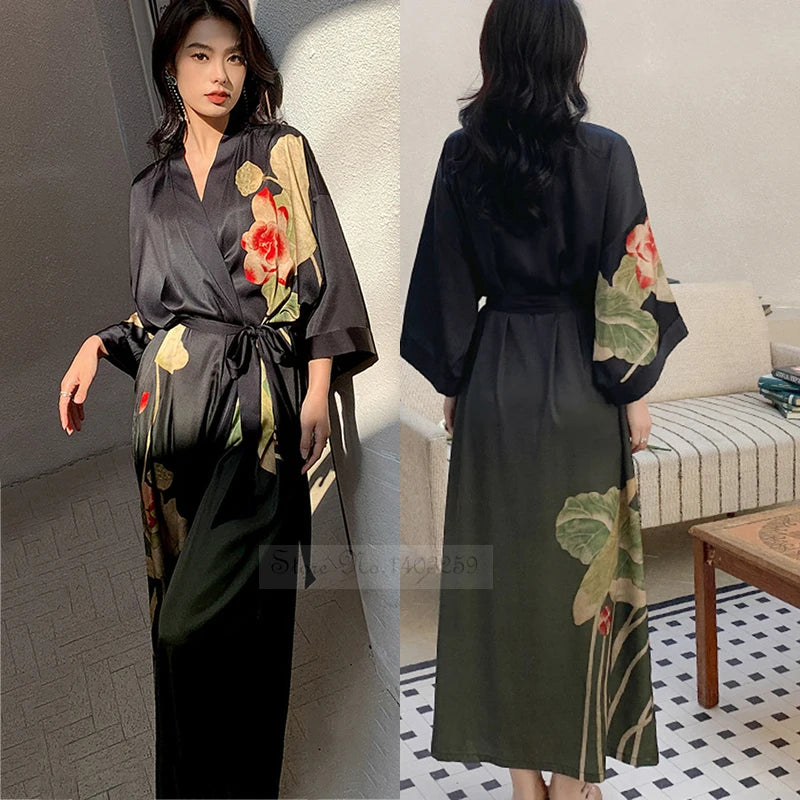 Print Flower Long Kimono Bathrobe Gown Sexy Women Half Sleeve Wedding Robe Nightgown Spring Summer Rayon Home Dress Sleepwear