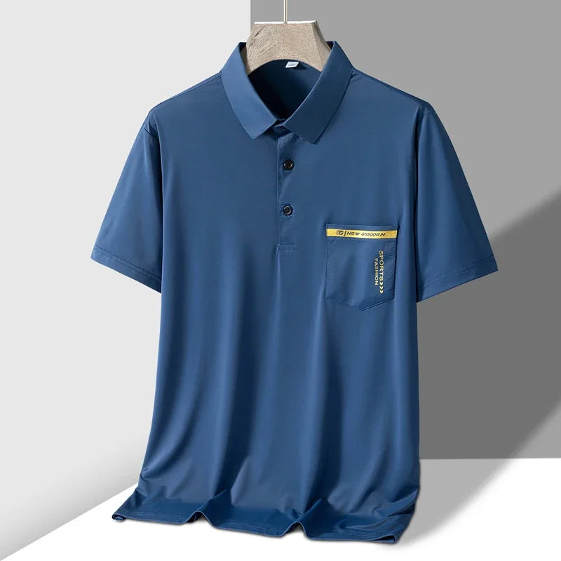 TFETTERS Brand New Summer 2025 Mens Polo Shirt Elasticity Short Sleeve Front Pocket Design Sport Golf Polo T Shirt Man