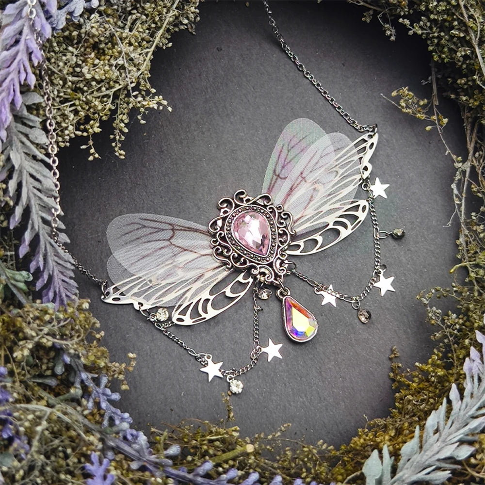 Witch Fairycore Butterfly Crystal Tassels Pendant Necklace Woodland Fairies Forest Pixie Goddess Necklace for women