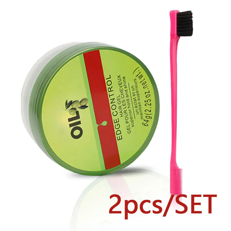 New Edge Control Wax For Women Strong Hold Olive Oil Edges Control Gel With Brush Spoon Babys Hair Edge Smoother Creme 2.25Oz