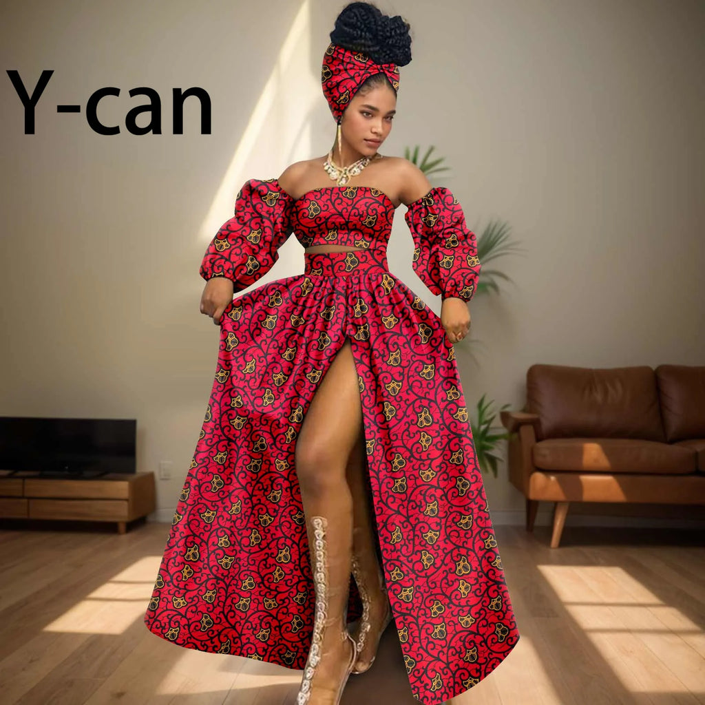 African Women Sexy Sets Two Pieces 2024 Ankara Print Tube Top High Slit Skirt Free Headscarf Female Outfits Women Dress 2426016