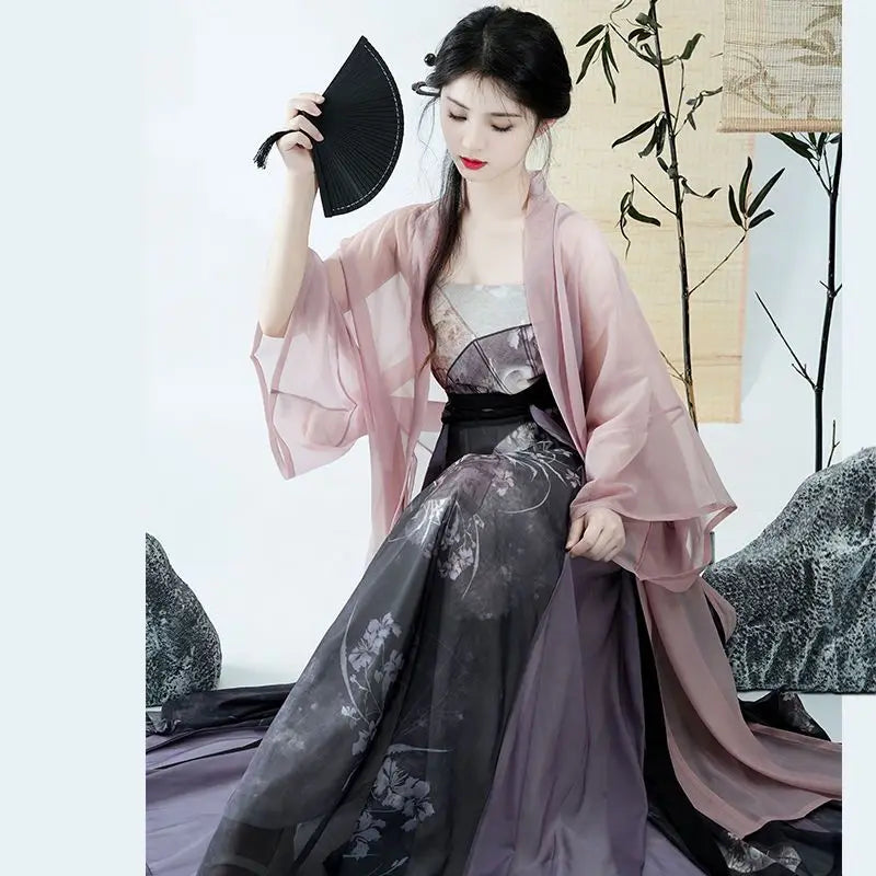 Chinese Hanfu Dress Women Party Outfit Chinese Tang dynasty Ancient Printed Fashion Hanfu Summer Chiffon 3pcs Sets
