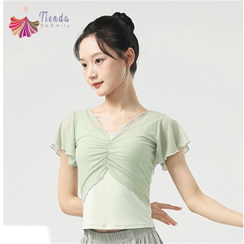 Dance Tops Women Modern Practice Clothes Dancewear Short Sleeved Gauze Pleated T-shirt Solid Color Stage Costume Top New Arrival
