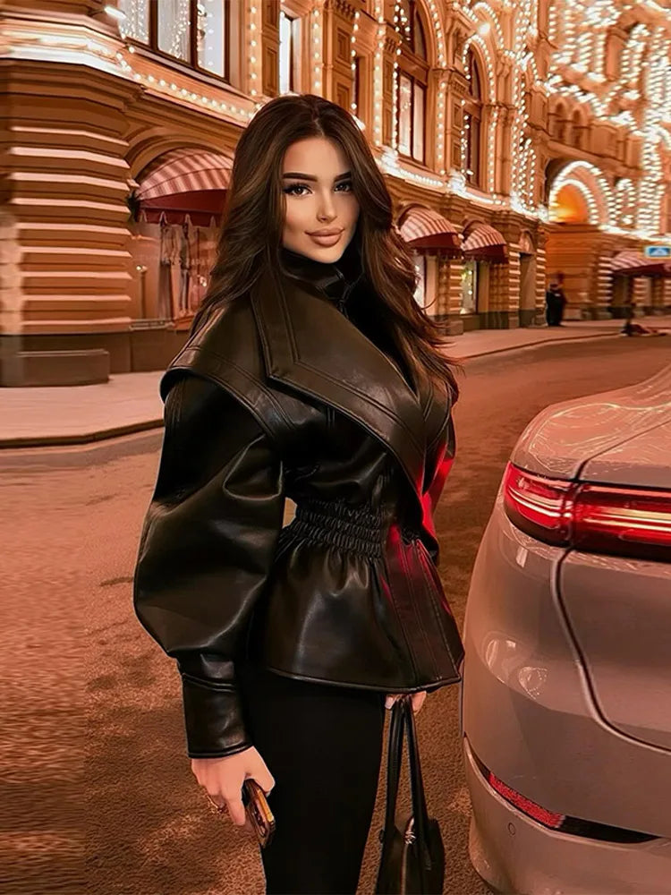 Turn-down Collar Women Winter Faux Leather Coats 2025 Autumn Zipper Slim Female Long Sleeve Elastic Waist Jacket Cool Girls Coat