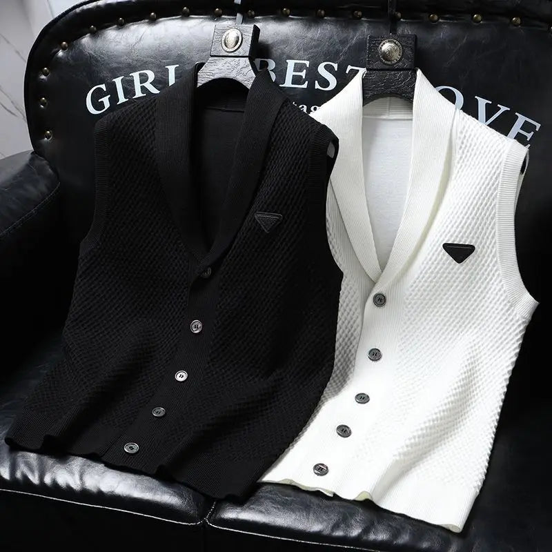 2025 Spring Summer Knitted Cardigan Vest Men's American Trendy Solid Color Slim Business Versatile Fashion Tops Men Aesthetic