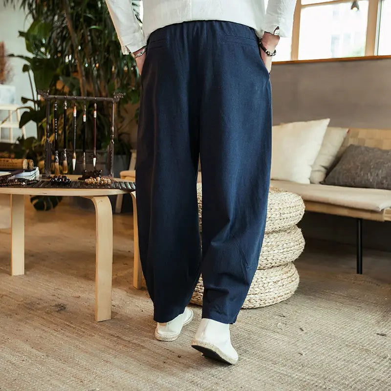 Fashion Summer Casual Pants For Mens Cotton Linen Loose Trousers Trendy Large Size Bloomers Male Home Tai Chi Wide Leg Pants 5XL