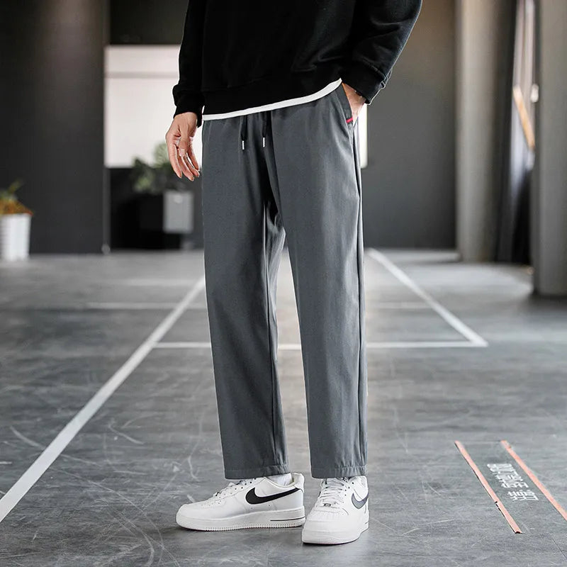 Plus Size Trousers Men's 2024 New M-8XL Ice Silk Pants Drawstring Feet Leisure Sports Running Fitness Harajuku Trousers
