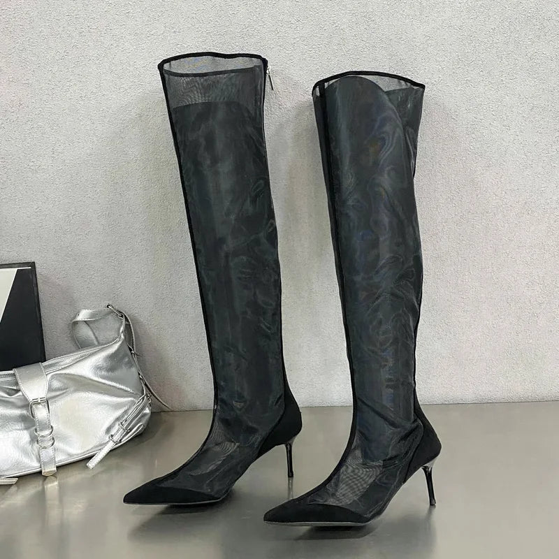 Eilyken New Design Mesh Pointed Toe Women Over The Knee Boot Sandals Fashion Zipper Thin High Heels Party Prom Shoes
