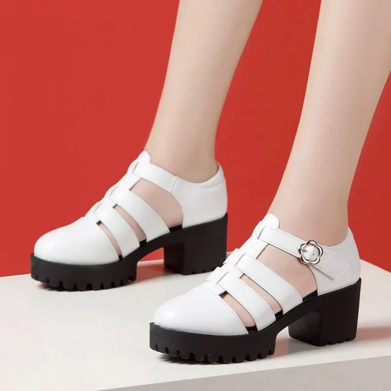 8cm 10cm Samll Size 32-43 Genuine Leather Shoes Chunky Platform Sandals 2025 Block High Heels Sandals Black Office Model Mom