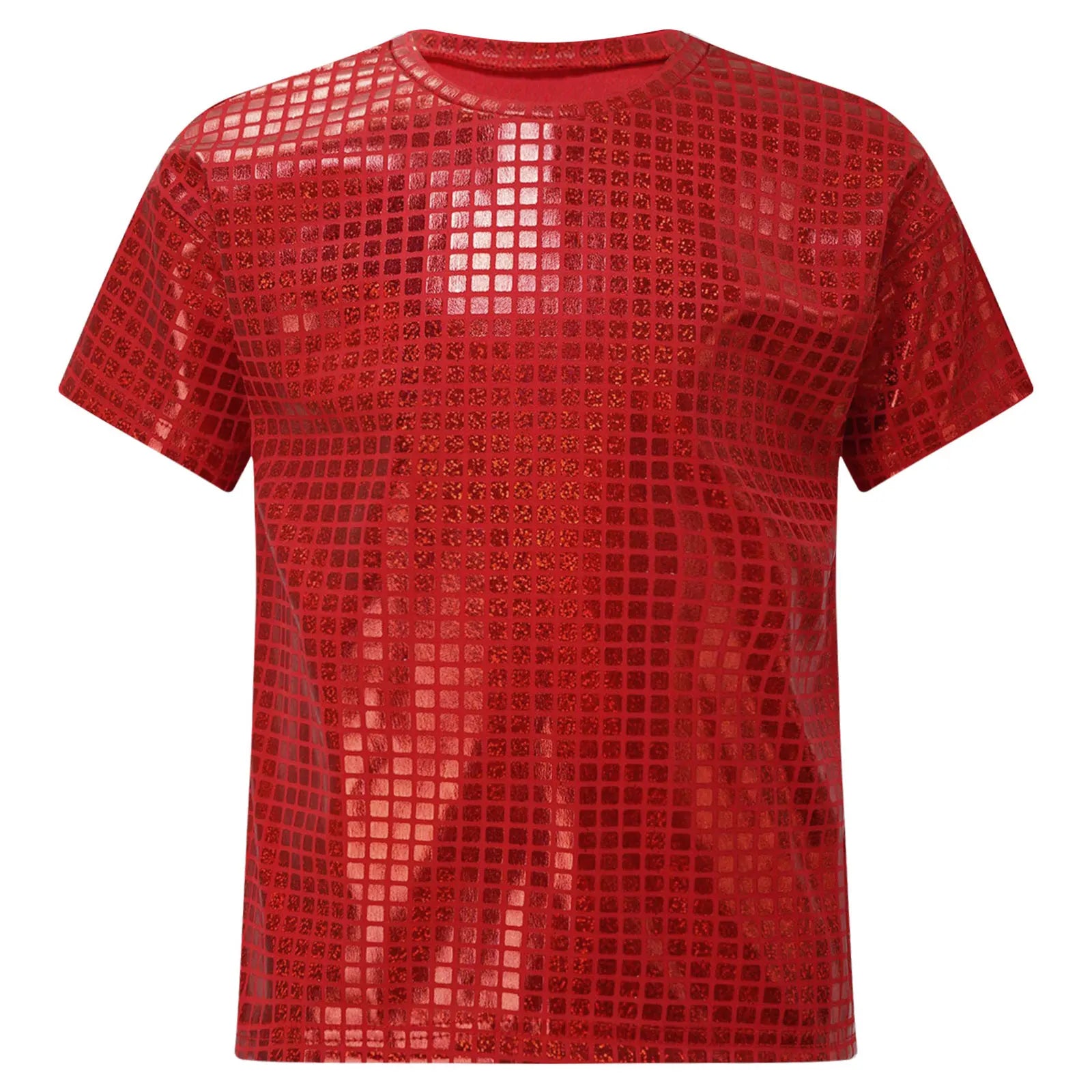 Boys Girls Shiny Plaid Sequins T-shirt Unisex Kids Short Sleeve Shirts Tops Cheerleading Street Dance Choir Stage Performance