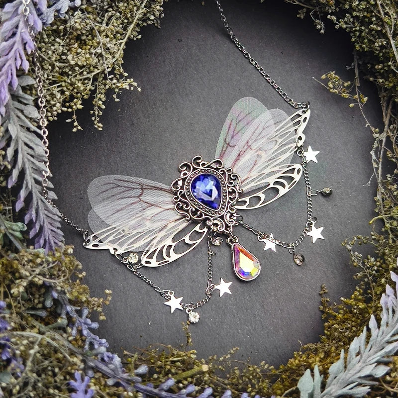 Witch Fairycore Butterfly Crystal Tassels Pendant Necklace Woodland Fairies Forest Pixie Goddess Necklace for women