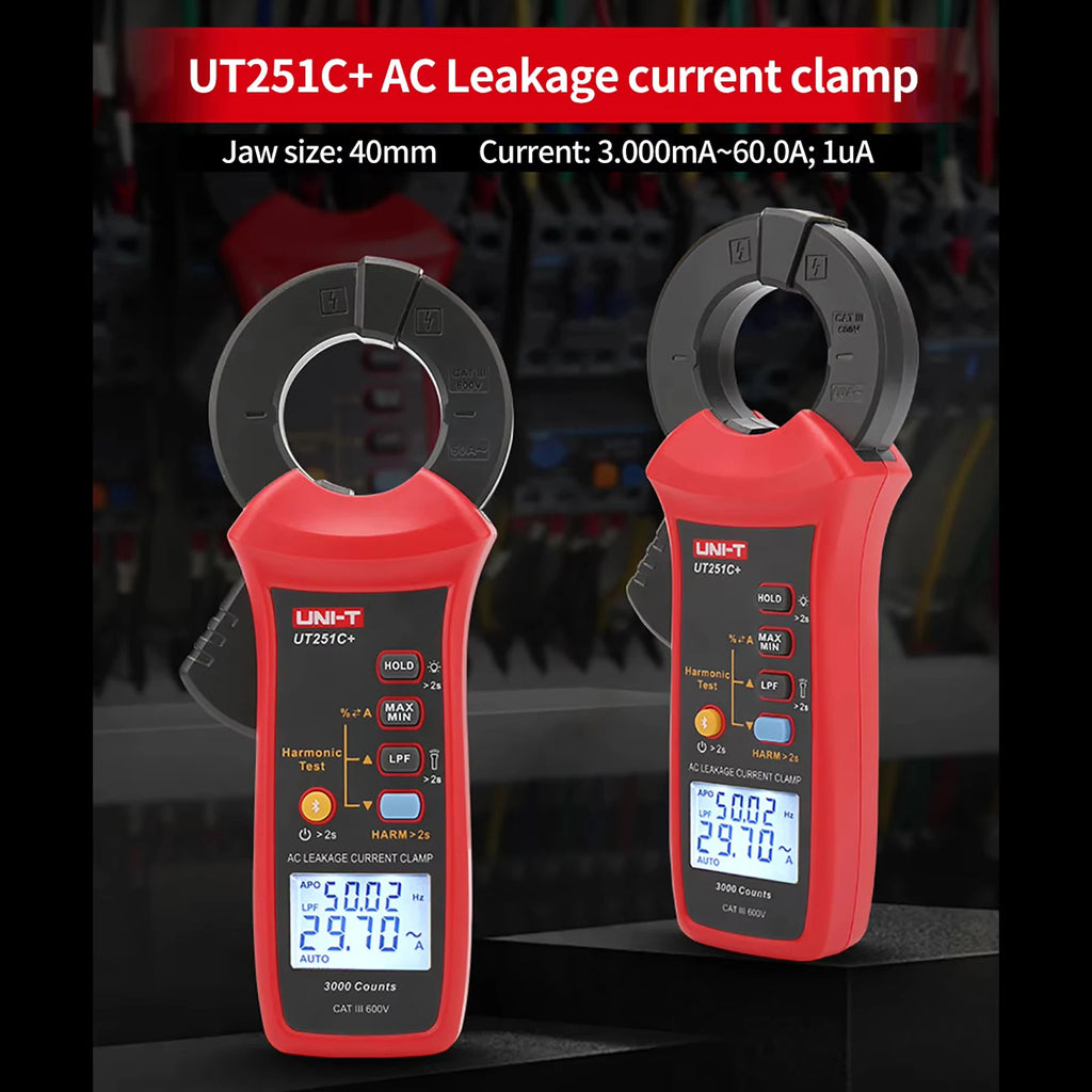 UNI-T UT251C+ Digital Clamp Meter for AC Leakage Current Measurement 0- 60A Auto Range Peak Hold Bluetooth Data Transfer