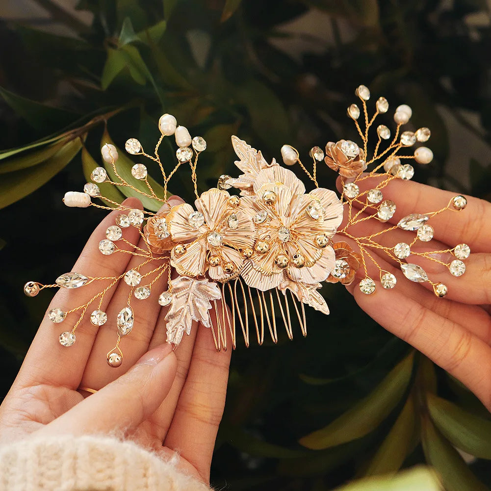 Bride Wedding Hair Comb Gold Flower Hairpin