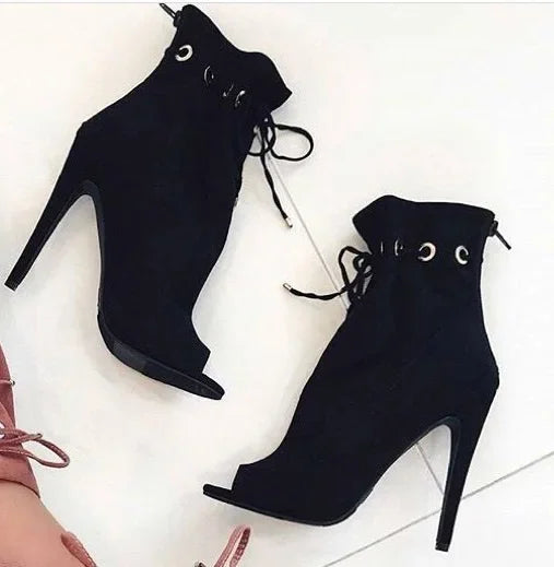 Surkova Royal Blue Suede Small Hole Cut-out Ankle Boots Thin High Heel Lace-up Dress Shoes Ruffle Caged Open Toe Sandals Booties