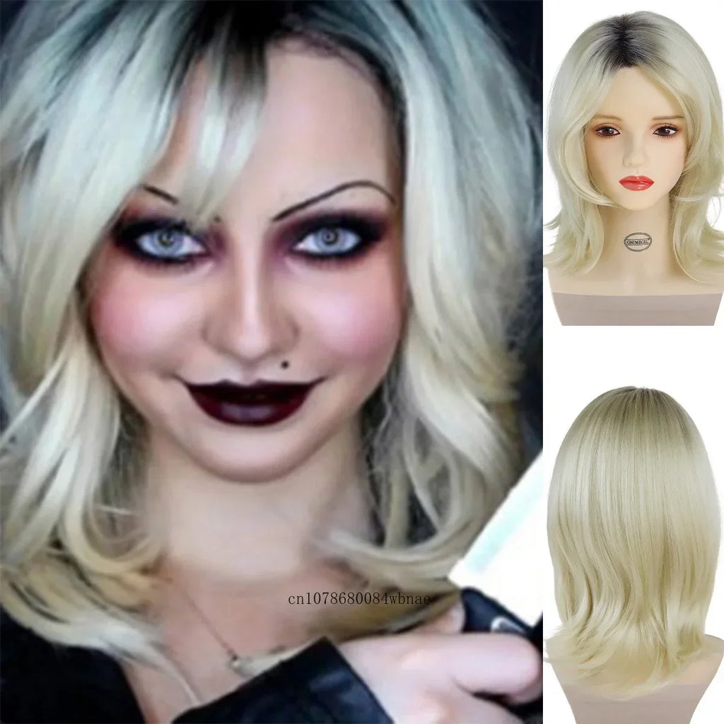 Synthetic Bride of Chucky Cosplay Wigs for Women Medium Curly Wavy Ombre Blonde Wig Halloween Costume Dress Up Party Daily Use