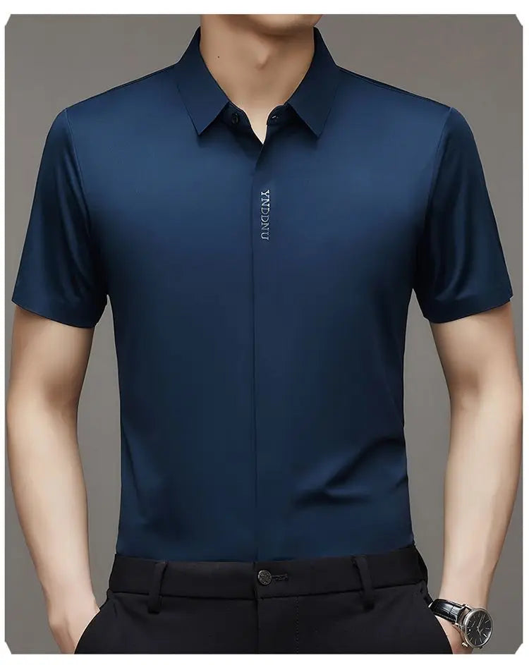 High end  Mulberry Silk Men Short Sleeve Business Shirt Wrinkle Resistant Button Invisible Top Elastic Luxurious Men Shirts