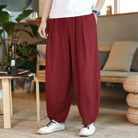 Fashion Summer Casual Pants For Mens Cotton Linen Loose Trousers Trendy Large Size Bloomers Male Home Tai Chi Wide Leg Pants 5XL