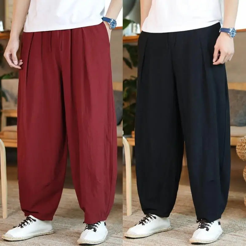 Fashion Summer Casual Pants For Mens Cotton Linen Loose Trousers Trendy Large Size Bloomers Male Home Tai Chi Wide Leg Pants 5XL