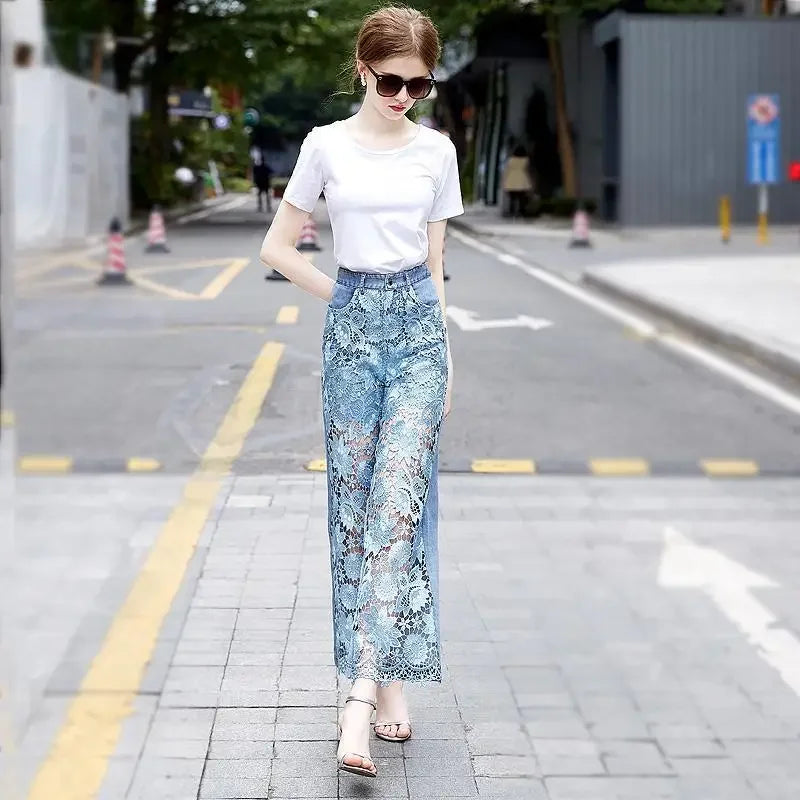 High Waist Pantalones De Mujer Lace Patchwork Hollow Out Fashion Elegant Jeans for Women All Match Casual Loose Summer Pants