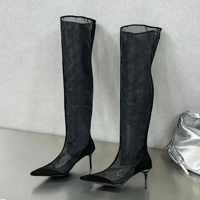 Eilyken New Design Mesh Pointed Toe Women Over The Knee Boot Sandals Fashion Zipper Thin High Heels Party Prom Shoes
