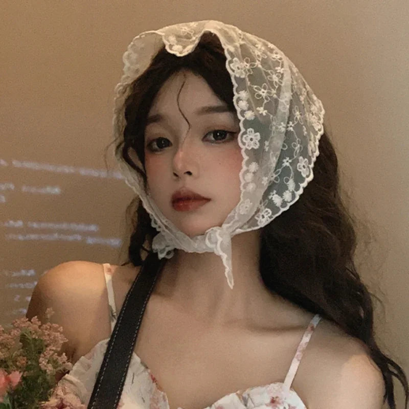 Girls Lace Headscarf Sweet Korean INS Pastoral Style Summer Triangle Scarf Hair Band Fashion Cute Women Hair Accessories