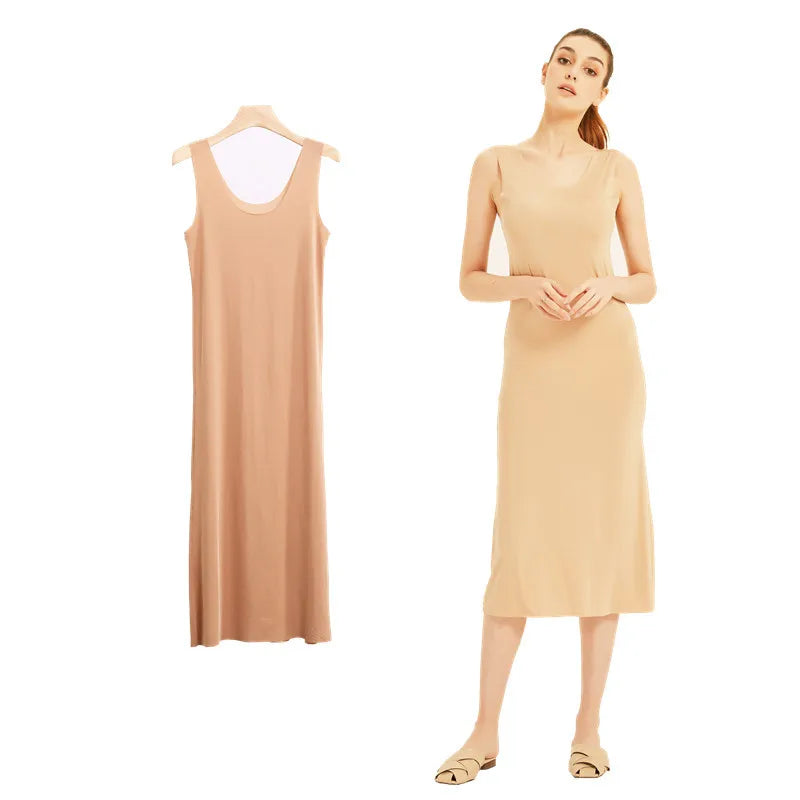M-5XL Plus Size Full Slips Dresses For Women Summer Thin Seamless Ice Silk Petticoat Underskirt Sleeveless Underwear Dress Slips