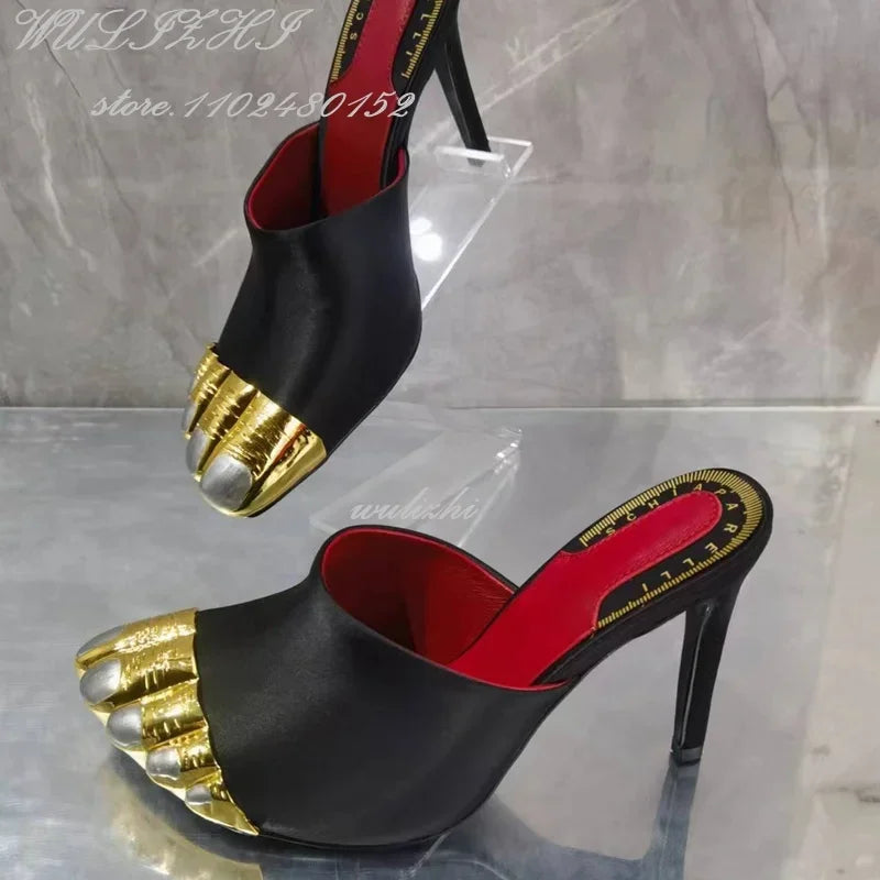 Big Bow Golden Toes Five Split Toes Sexy Sandals Stiletto Heels Women Hollow Metallic Luster Shiny Dress Heels Ankle Straps Shoe