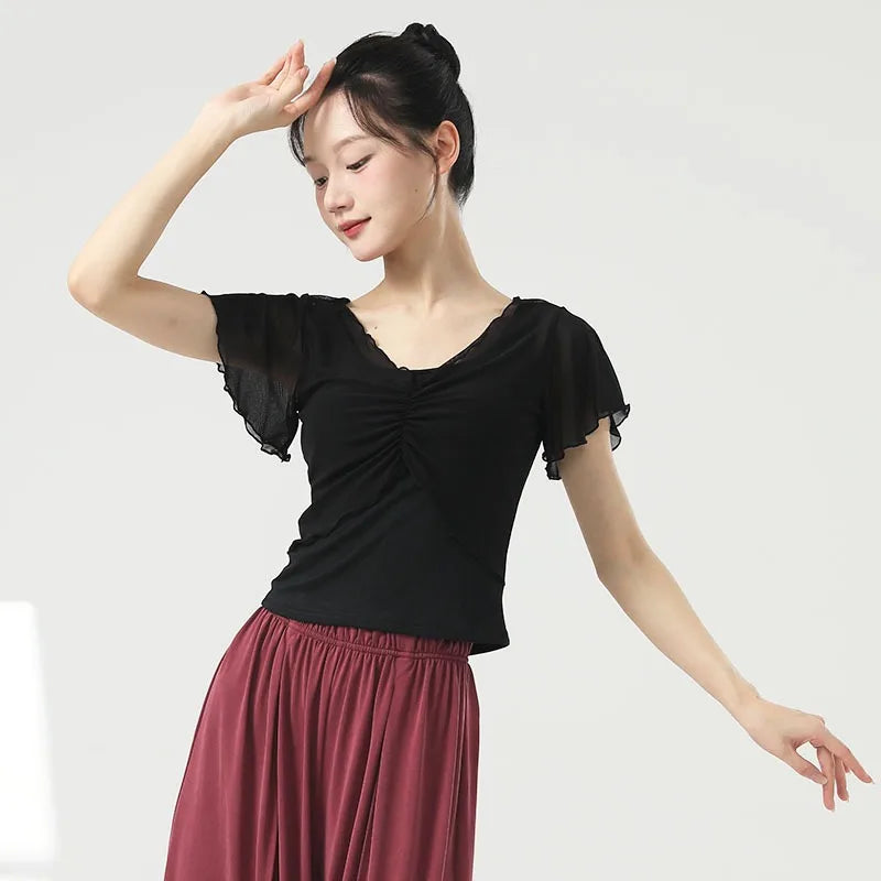 Dance Tops Women Modern Practice Clothes Dancewear Short Sleeved Gauze Pleated T-shirt Solid Color Stage Costume Top New Arrival