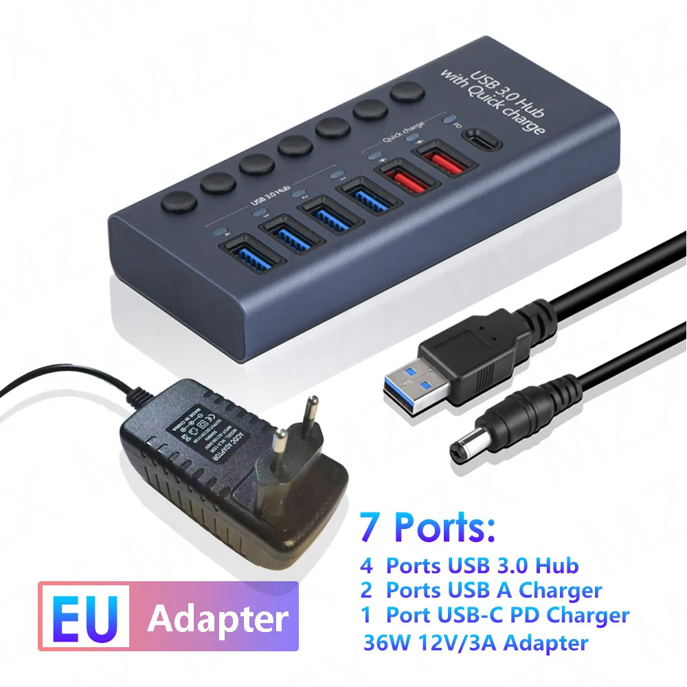 MZX USB 3.0 Hub Aluminum Multi Port Splitter with Power Adapter and Switch