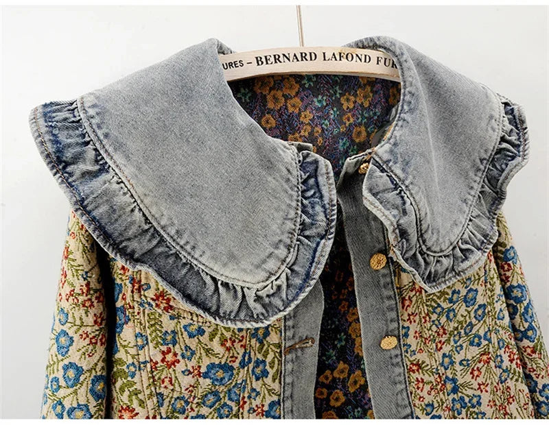 Spring Autumn Jacquard Embroidery  Denim Jacket Women Loose Short Cowboy Outerwear Casual Peter Pan Collar Jeans Jacket Female