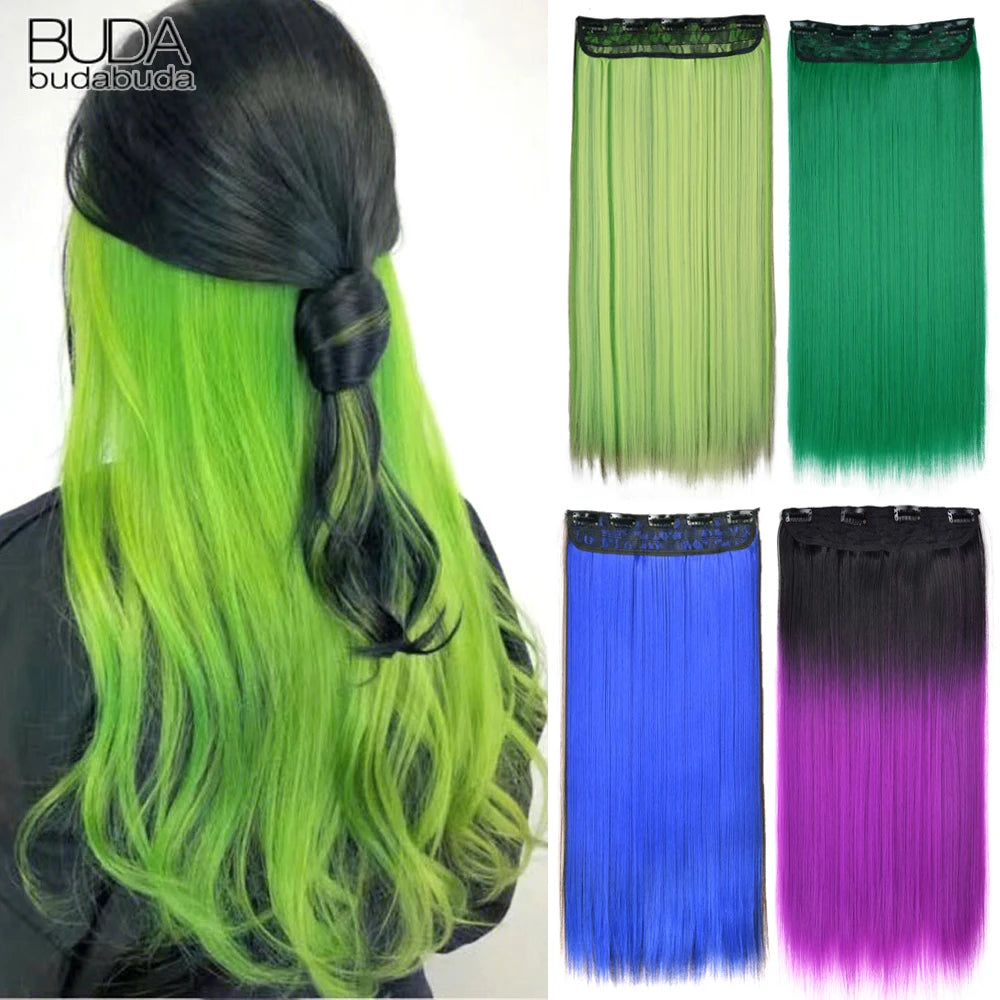 5 Clip-In Hair Extensions Long Straight One Piece Synthetic Heat-Resistant Fibre Hairpiece 22Inch Black Blonde Natural Hairstyle