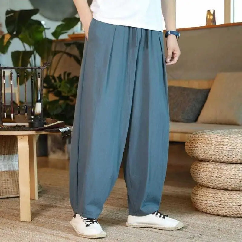 Fashion Summer Casual Pants For Mens Cotton Linen Loose Trousers Trendy Large Size Bloomers Male Home Tai Chi Wide Leg Pants 5XL