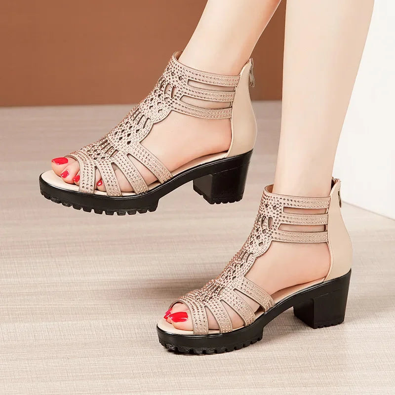6cm 8cm Small Size 32-43 Rhinestone Wedding Shoes Summer Platform Sandals 2025 Block High Heels Gladiator Sandals Office Model