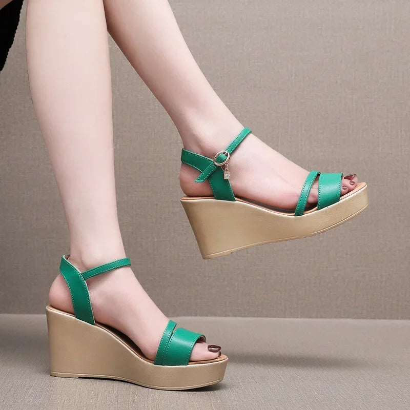 Small Size 33-43 Fashion Cowhide Leather Shoes Women's Platform Wedges Sandals Summer 2025 High Heels Sandals Office Beach Mom