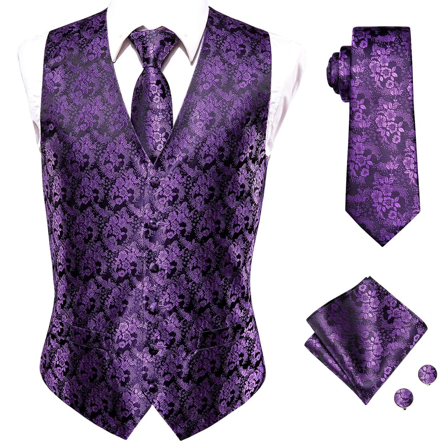 Hi-Tie Brand Silk Mens Vests Grey Black Gold Navy Blue Red Burgundy Jacquard Waistcoat Jacket NeckTie Hanky Cufflinks for Men