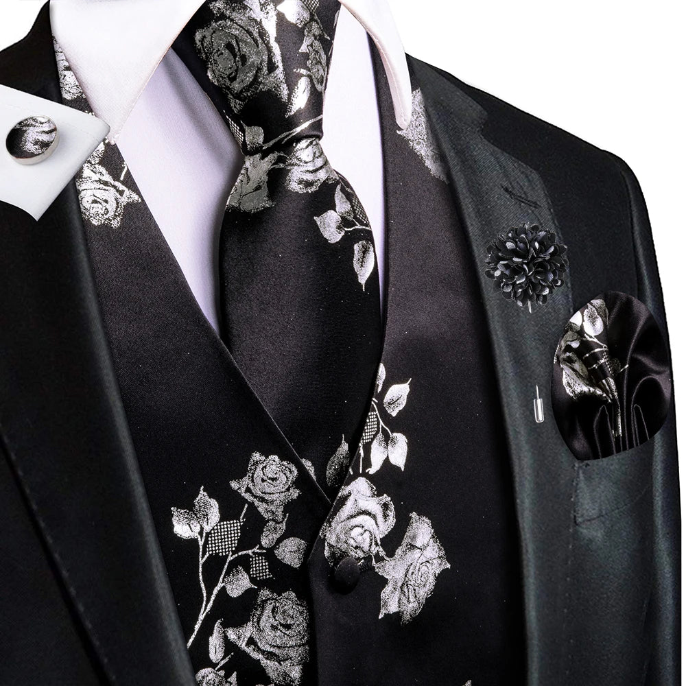 Luxury Gold Black Silk Mens Vests Print Jacquard Waistcoat Tie Hanky Cufflinks Brooch Set for Men Wedding Formal Business Hi-Tie