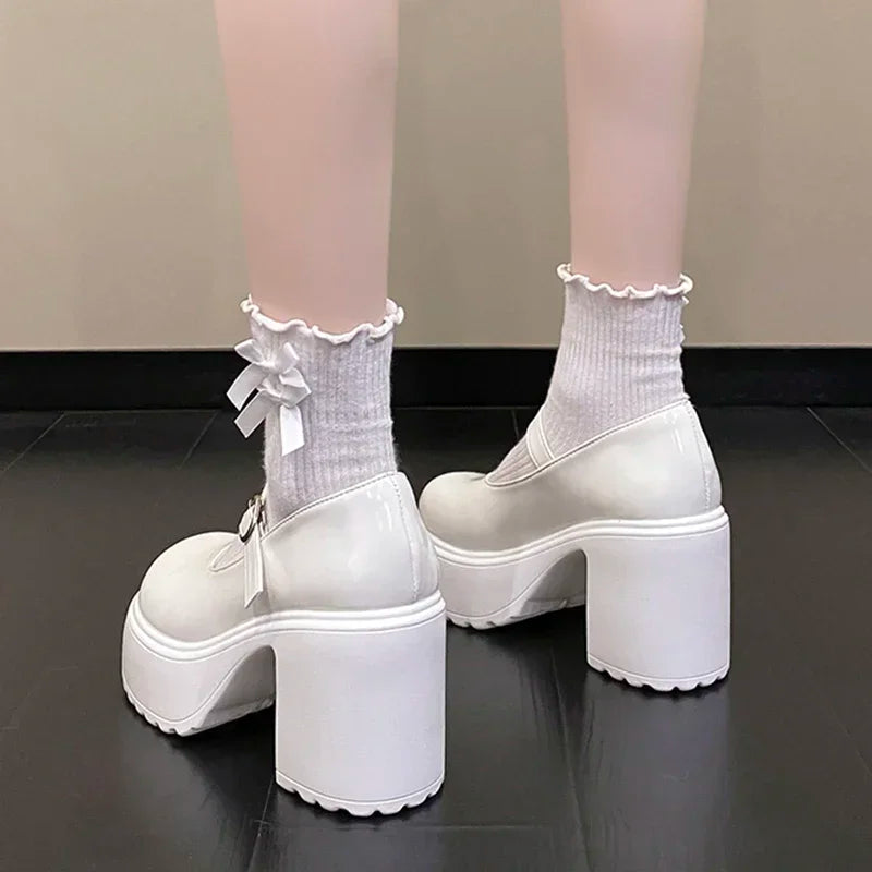 White Chunky Platform Mary Janes Women 2025 Buckle Strap Super High Heels Pumps Woman Patent Leather Thick Heeled Party Shoes