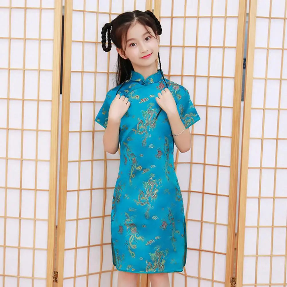 Kids Girls Satin Dress Cheongsams Hanfu Tight Phoenix Print Dress Chinese Traditional Costumes Princess Girls Dress Cheongsams